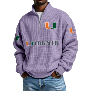 Miami Hurricanes Mens Quarter Zip Waffle Knit Pullover Top Long Sleeve