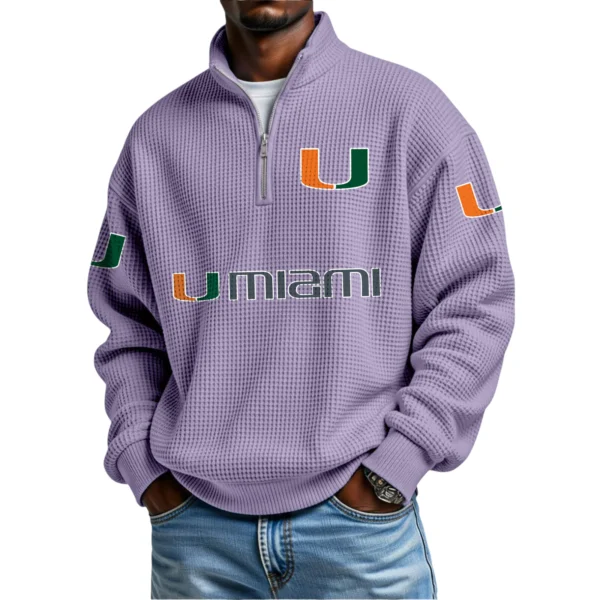 Miami Hurricanes Mens Quarter Zip Waffle Knit Pullover Top Long Sleeve