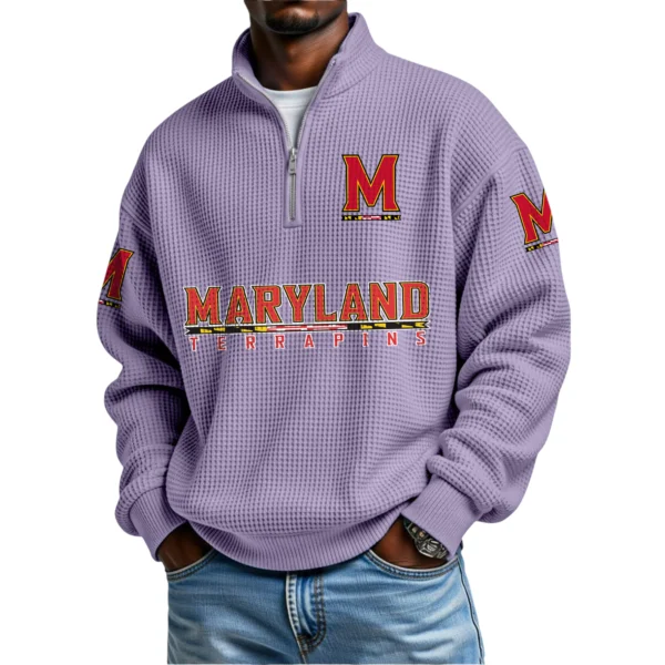 Maryland Terrapins Mens Quarter Zip Waffle Knit Pullover Top Long Sleeve
