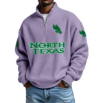 North Texas Mean Green Mens Quarter Zip Waffle Knit Pullover Top Long Sleeve