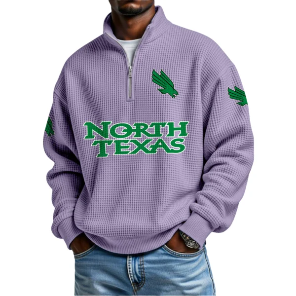 North Texas Mean Green Mens Quarter Zip Waffle Knit Pullover Top Long Sleeve