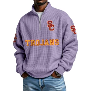 USC Trojans Mens Quarter Zip Waffle Knit Pullover Top Long Sleeve