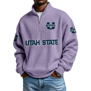 Utah State Aggies Mens Quarter Zip Waffle Knit Pullover Top Long Sleeve