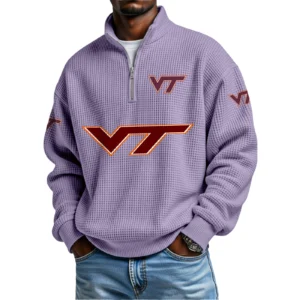 Virginia Tech Hokies Mens Quarter Zip Waffle Knit Pullover Top Long Sleeve
