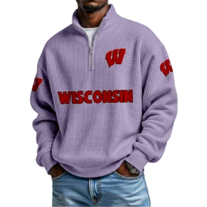 Wisconsin Badgers Mens Quarter Zip Waffle Knit Pullover Top Long Sleeve