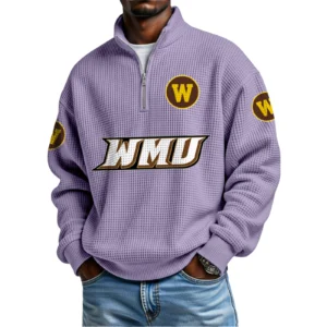 Western Michigan Broncos Mens Quarter Zip Waffle Knit Pullover Top Long Sleeve