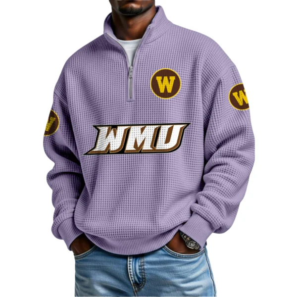 Western Michigan Broncos Mens Quarter Zip Waffle Knit Pullover Top Long Sleeve