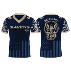 Baltimore Ravens US Navy 250th Birthday V-Neck Short Sleeve Jersey 3D Limited 2026 Custom Name