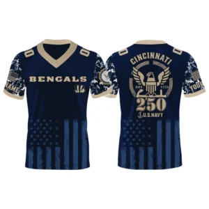 Cincinnati Bengals US Navy 250th Birthday V-Neck Short Sleeve Jersey 3D Limited 2026 Custom Name