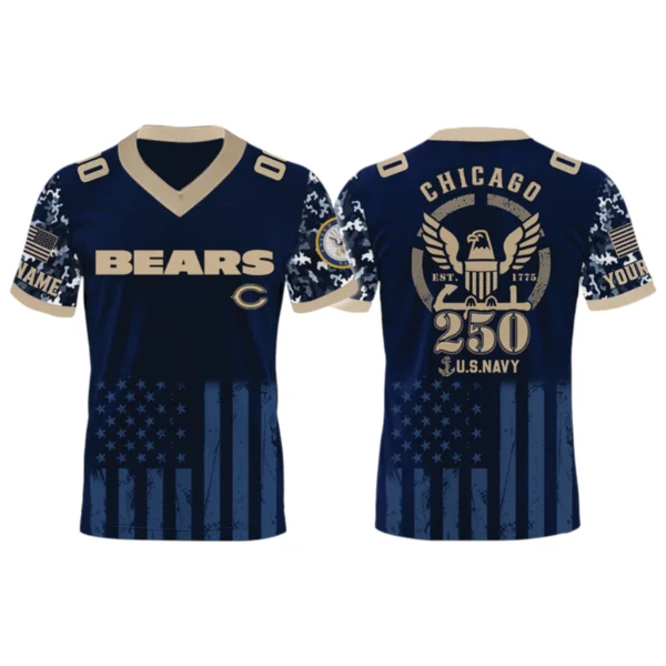 Chicago Bears US Navy 250th Birthday V-Neck Short Sleeve Jersey 3D Limited 2026 Custom Name
