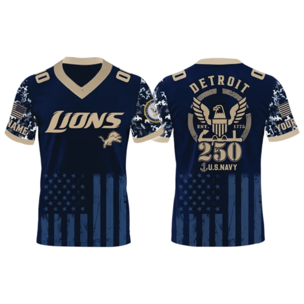 Detroit Lions US Navy 250th Birthday V-Neck Short Sleeve Jersey 3D Limited 2026 Custom Name