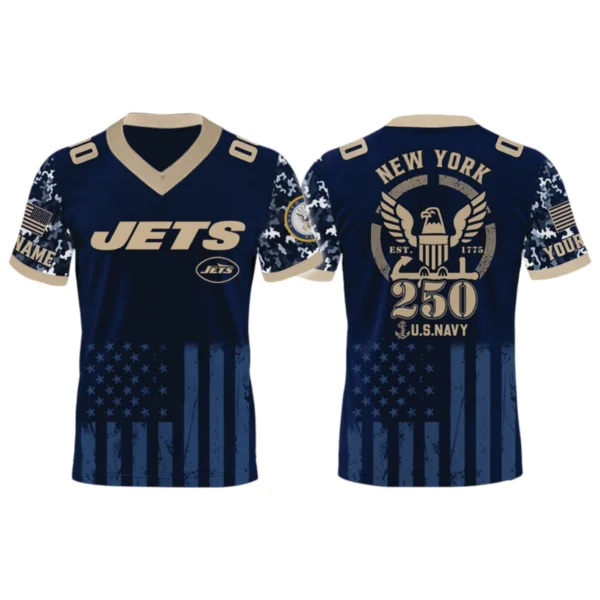 New York Jets US Navy 250th Birthday V-Neck Short Sleeve Jersey 3D Limited 2026 Custom Name