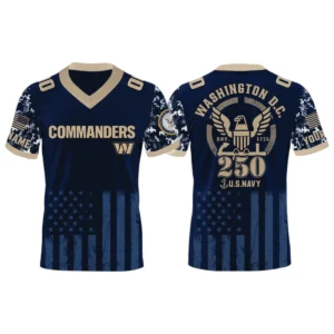 Washington Commanders US Navy 250th Birthday V-Neck Short Sleeve Jersey 3D Limited 2026 Custom Name