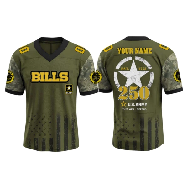 Buffalo Bills x US Army 250th Birthday V-Neck Short Sleeve Jersey 3D Limited 2026 Custom Name & Number