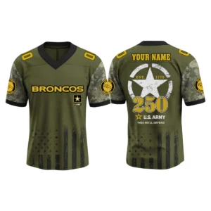 Denver Broncos x US Army 250th Birthday V-Neck Short Sleeve Jersey 3D Limited 2026 Custom Name & Number