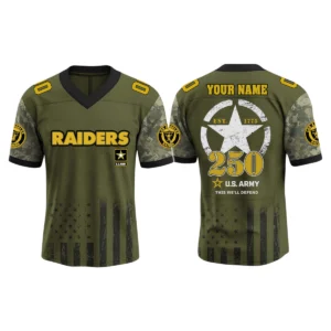 Las Vegas Raiders x US Army 250th Birthday V-Neck Short Sleeve Jersey 3D Limited 2026 Custom Name & Number