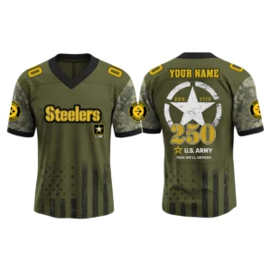Pittsburgh Steelers x US Army 250th Birthday V-Neck Short Sleeve Jersey 3D Limited 2026 Custom Name & Number