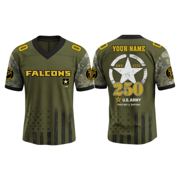 Atlanta Falcons x US Army 250th Birthday V-Neck Short Sleeve Jersey 3D Limited 2026 Custom Name & Number
