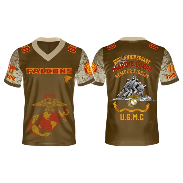Atlanta Falcons x USMC 250th Birthday Celebration V-Neck Short Sleeve Jersey 3D Limited 2026 Custom Name & Number