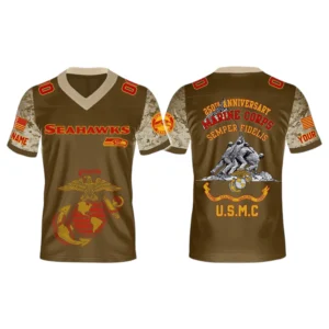 Seattle Seahawks x USMC 250th Birthday Celebration V-Neck Short Sleeve Jersey 3D Limited 2026 Custom Name & Number
