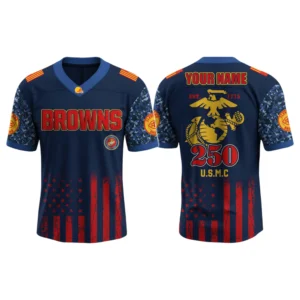 Cleveland Browns x US USMC 250th Birthday V-Neck Short Sleeve Jersey 3D Limited 2026 Custom Name