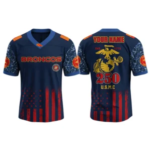 Denver Broncos x US USMC 250th Birthday V-Neck Short Sleeve Jersey 3D Limited 2026 Custom Name