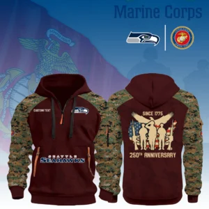 Seattle Seahawks x Marine Corps 250th Anniversary 3D Half Zip Hoodie Custom Text
