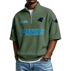 Carolina Panthers Quarter-Zip Waffle Knit Short Sleeve Shirt