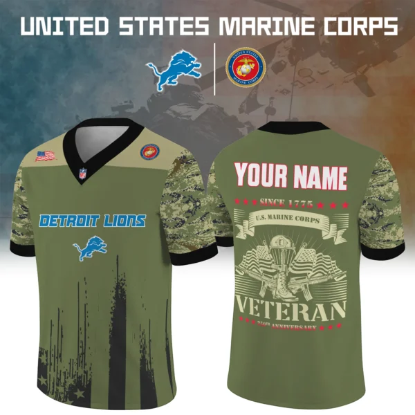 Detroit Lions Baseball V Neck Jersey Shirt x US Marine Corps 250th Anniversary Personalize Name