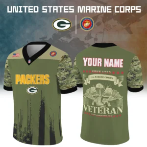 Green Bay Packers Baseball V Neck Jersey Shirt x US Marine Corps 250th Anniversary Personalize Name