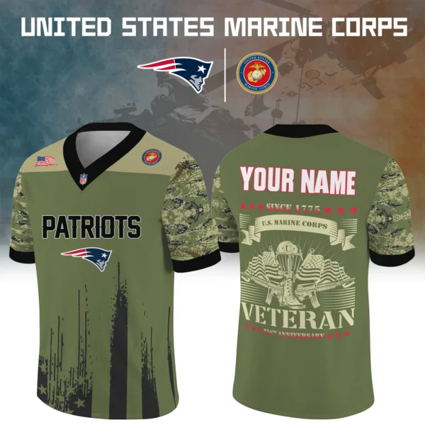 New England Patriots Baseball V Neck Jersey Shirt x US Marine Corps 250th Anniversary Personalize Name