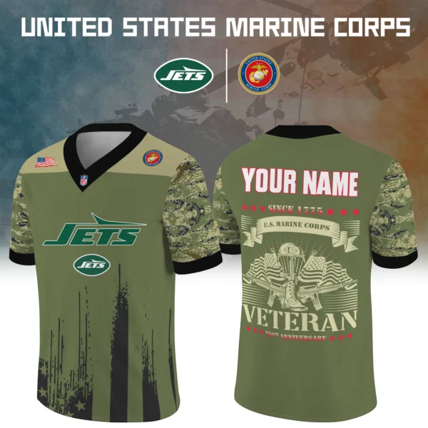 New York Jets Baseball V Neck Jersey Shirt x US Marine Corps 250th Anniversary Personalize Name