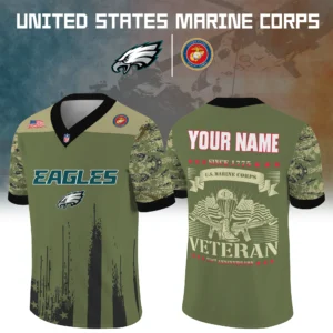 Philadelphia Eagles Baseball V Neck Jersey Shirt x US Marine Corps 250th Anniversary Personalize Name
