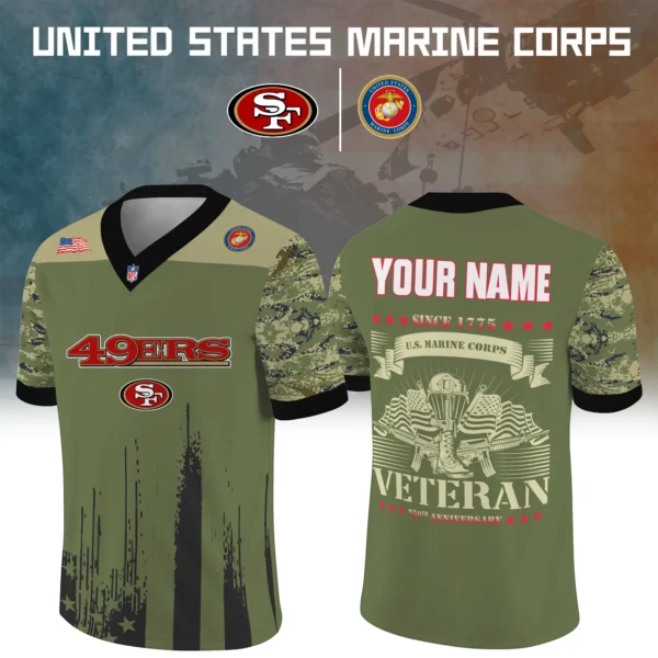 San Francisco 49ers Baseball V Neck Jersey Shirt x US Marine Corps 250th Anniversary Personalize Name