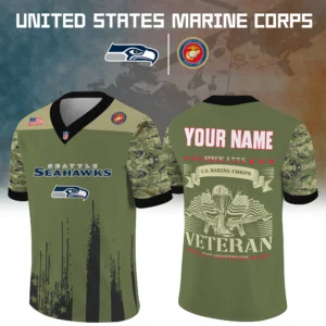 Seattle Seahawks Baseball V Neck Jersey Shirt x US Marine Corps 250th Anniversary Personalize Name