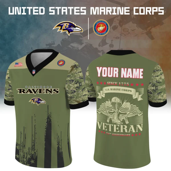 Baltimore Ravens Baseball V Neck Jersey Shirt x US Marine Corps 250th Anniversary Personalize Name