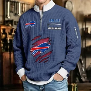 Buffalo Bills Sweatshirt Quarter-Zip Waffle Knit Stand Collar Personalize Name
