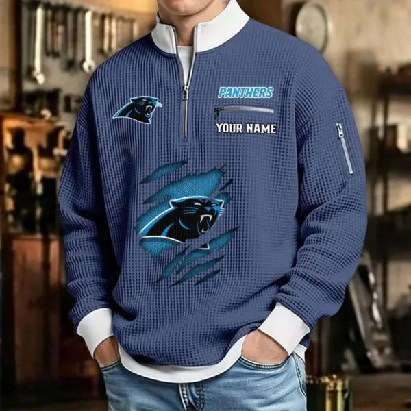 Carolina Panthers Sweatshirt Quarter-Zip Waffle Knit Stand Collar Personalize Name