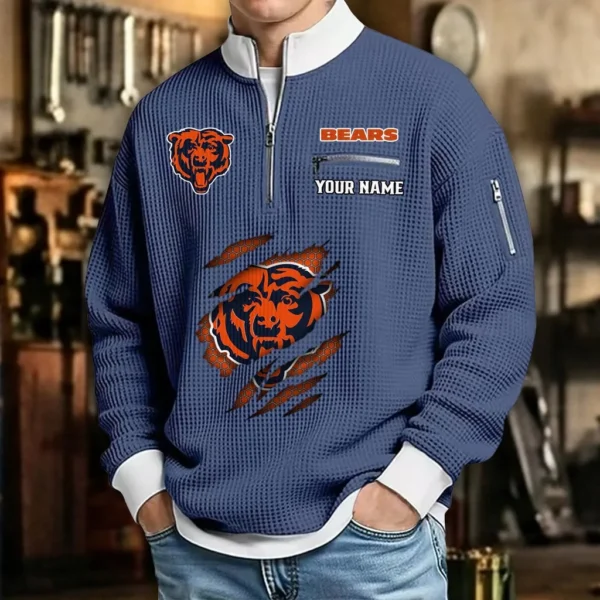 Chicago Bears Sweatshirt Quarter-Zip Waffle Knit Stand Collar Personalize Name