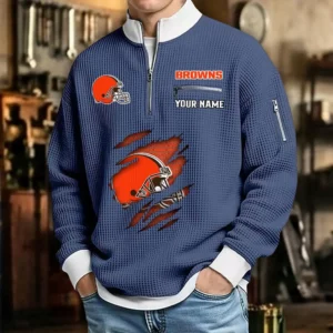 Cleveland Browns Sweatshirt Quarter-Zip Waffle Knit Stand Collar Personalize Name