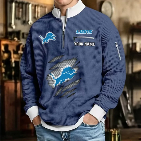 Detroit Lions Sweatshirt Quarter-Zip Waffle Knit Stand Collar Personalize Name
