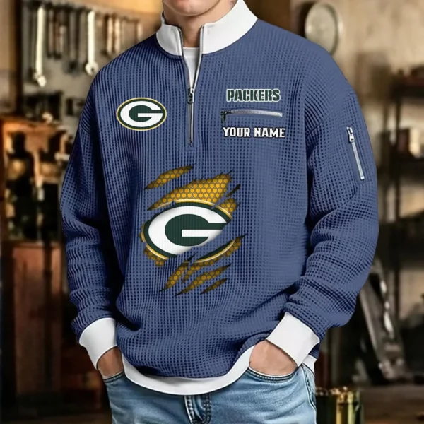Green Bay Packers Sweatshirt Quarter-Zip Waffle Knit Stand Collar Personalize Name