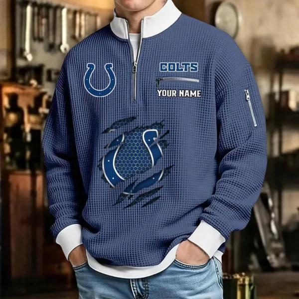 Indianapolis Colts Sweatshirt Quarter-Zip Waffle Knit Stand Collar Personalize Name