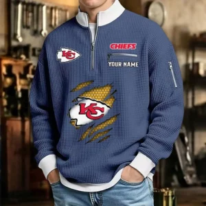 Kansas City Chiefs Sweatshirt Quarter-Zip Waffle Knit Stand Collar Personalize Name