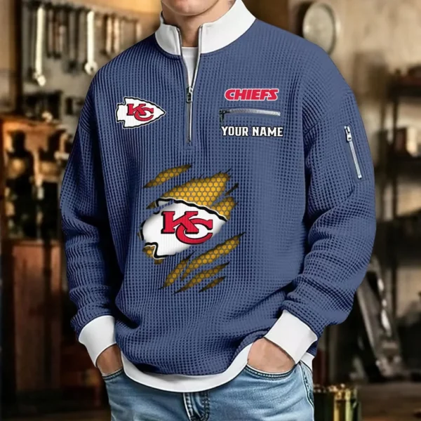 Kansas City Chiefs Sweatshirt Quarter-Zip Waffle Knit Stand Collar Personalize Name