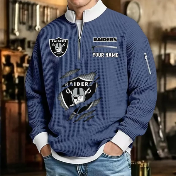 Las Vegas Raiders Sweatshirt Quarter-Zip Waffle Knit Stand Collar Personalize Name