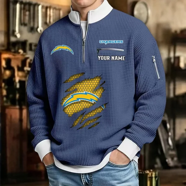 Los Angeles Chargers Sweatshirt Quarter-Zip Waffle Knit Stand Collar Personalize Name