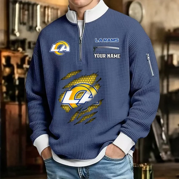 Los Angeles Rams Sweatshirt Quarter-Zip Waffle Knit Stand Collar Personalize Name