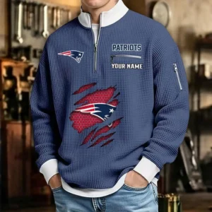 New England Patriots Sweatshirt Quarter-Zip Waffle Knit Stand Collar Personalize Name