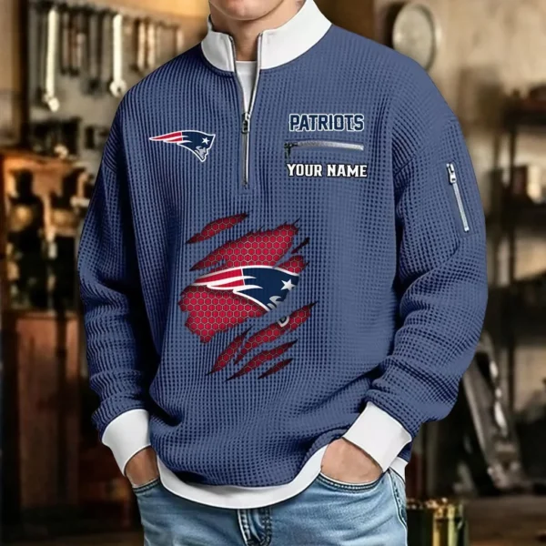 New England Patriots Sweatshirt Quarter-Zip Waffle Knit Stand Collar Personalize Name